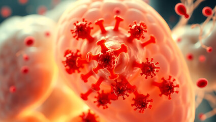 red blood cells flowing through a vein,  a close-up view of viruses, likely representing a viral infection at the cellular level, HD and 4K image