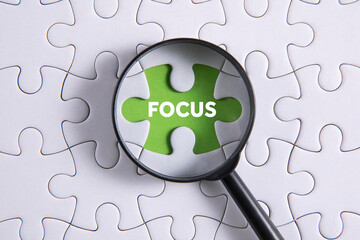 puzzle pieces with a magnifying glass