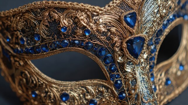 Ornate gold and blue mask close-up