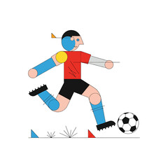 Stylized illustration of a soccer player in a red jersey kicking a black and white soccer ball on a white background.