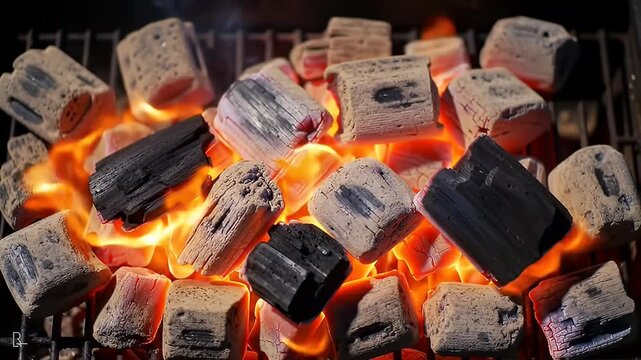 Glowing coals arranged on a grill, some charred and others catching flame