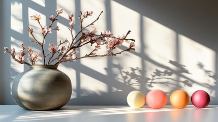 Spring blossoms in vase, Easter eggs