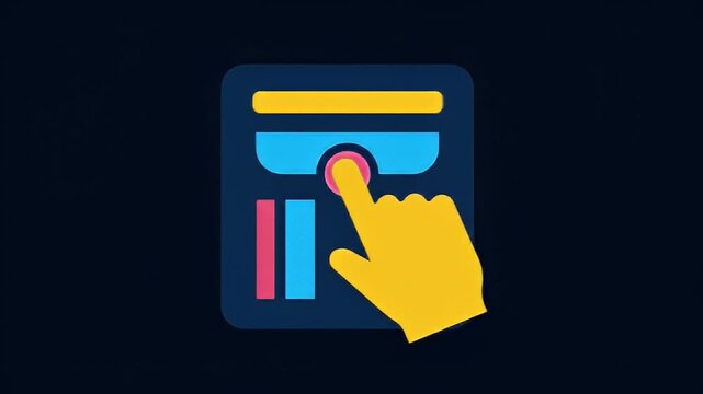 Abstract geometric interface with a hand pushing a round button on dark blue