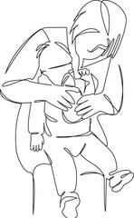 One continuous single drawing line art flat doodle child, mother, allergy, asthmatic, care, disease, bronchitis, inhaling. Isolated image hand draw contour on a white background, hand drawn, not AI