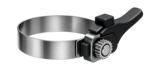 Narrow steel band clamp with a self-tightening design for securing cables in electrical setups.