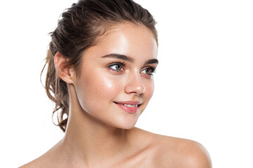 A pretty young woman with a gentle smile is showcasing her natural beauty against a white studio backdrop isolated on transparent background