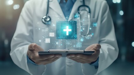 Doctor holding clipboard with medical plus sign hologram and stethoscope around neck in white coat