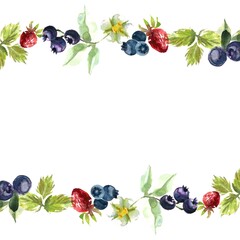 Garden berries. Watercolor social media banner image with garland of strawberries, blueberries and foliage. Hand drawn on white background with empty space for inscription.