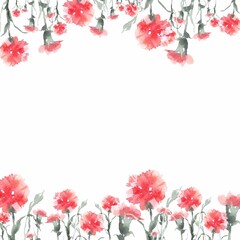 Festive flowers. Watercolor square banner for social networks and postcards with the image of a garland of red bush carnations. Hand-drawn illustration on a white background with space for an inscript