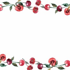 Harvest. Watercolor square banner for social media with frame of ripe cherries with leaves and branches on white background. Hand drawn illustration for your design.