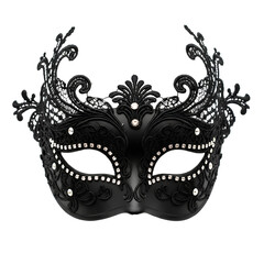 Black lace venetian mask with rhinestones and ornate details isolated on a transparent background png, cut out, clipping path, social media, Advertisement, high quality, HD photo, close up,  web.