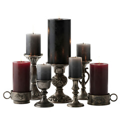 Set of five luxury Halloween candles in black gray and red isolated on a transparent background png, cut out, clipping path, social media, Advertisement, high quality, HD photo, close up,  web, banner