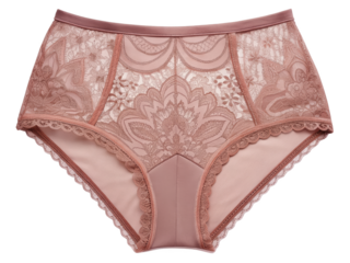 Elegant high waisted panties in dusty rose with intricate floral lace design for women underwear fashion and comfort on background