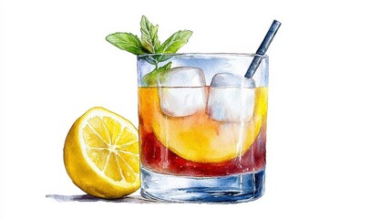 A refreshing watercolor painting depicts a vibrant fruit cocktail drink with ice cubes lemon and mint garnish in a rocks glass perfect for summer refreshment.