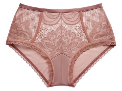 Elegant high waisted panties in dusty rose with intricate floral lace design for women underwear fashion and comfort on background
