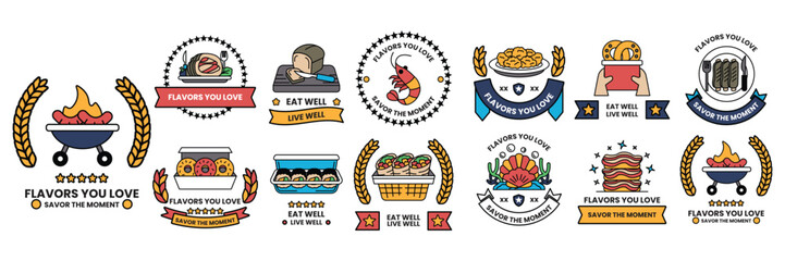 collection of food related badges and ribbons