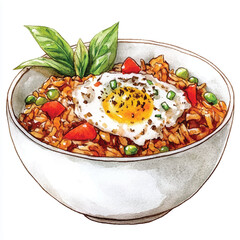 Watercolor Illustration of Fried Rice with SunnySideUp Egg and Basil