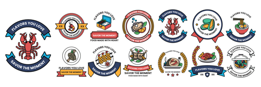 collection of food related badges and ribbons