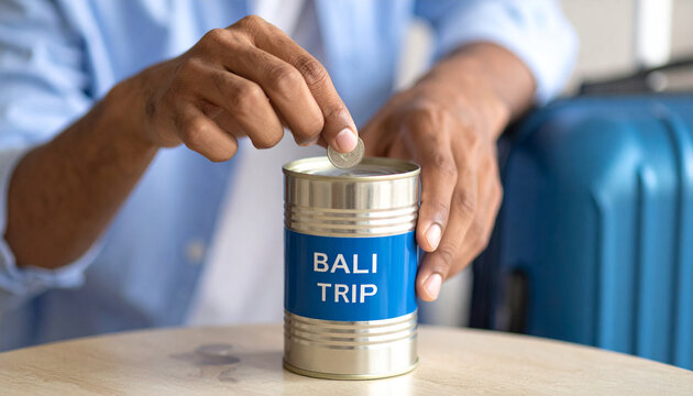 Young man placing coins into a travel-themed tin can labeled Bali Trip
