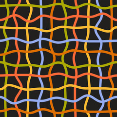Seamless pattern of thin curved checkered lines on a black background. Twisted checkered wavy texture. Vector illustration