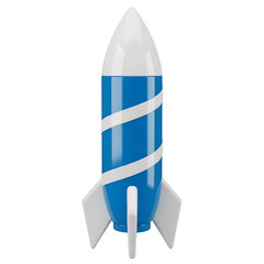 Blue toy rocket with white stripes and fins isolated on a transparent background image png, cut out, clipping path, social media, Advertisement, high quality, HD photo, close up,  web, banner, poster.