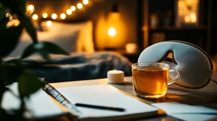 dreamcare night routine setup with herbal tea, sleep mask, and notes,