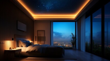 dreamy galaxy ceiling light in minimalist peaceful bedroom,