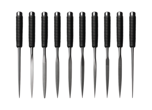 Miniature needle file set with various profiles, applicable for detailed glasswork.