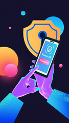 Digital artwork of neon hands holding smartphone confirming face id in front of yellow security...