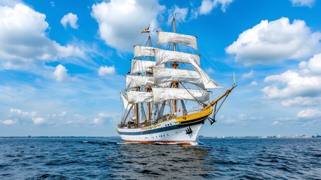 A majestic sailing ship, a three-masted barque with billowing white sails, glides gracefully across a calm ocean under a vibrant blue sky dotted with fluffy white clouds; a