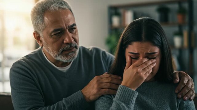 Caring senior father comforting his sad adult daughter at home. Man consoling a crying woman, showing support and empathy during a difficult time.