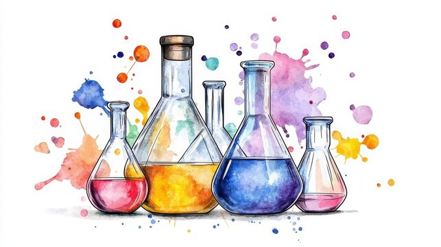 Colorful watercolor illustration of various science laboratory glassware including Erlenmeyer flasks and beakers filled with vibrant liquids against a white background perfect for