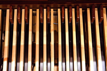 The pedalboard of a pipe organ has long, narrow lever style keys that have the same note pattern as...