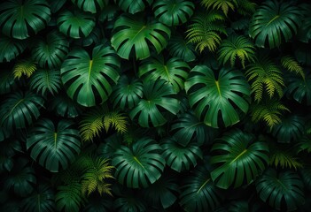 Lush Greenery: Monstera and Fern Jungle Canopy Textural Background