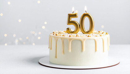 Beautiful cake with beige glaze with burning candle in shape of number 50. Tasty holiday dessert.