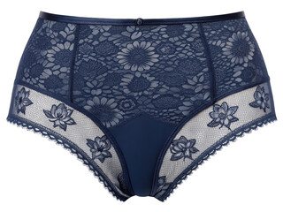 Elegant navy blue high waisted panties detailed with delicate floral lace patterns on a dark background showcase fashionable comfort and intimate apparel