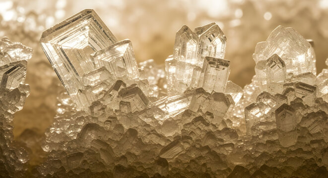 Close up view of a cluster of translucent crystals with geometric shapes and warm lighting effect