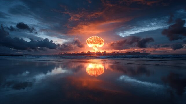 Nuclear Sunset: A dramatic nuclear explosion illuminates the sky over the ocean, its mushroom cloud reflected in the tranquil waters, conveying a potent message. 