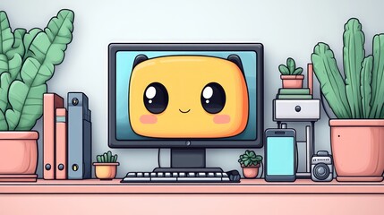 Cute cartoon computer setup