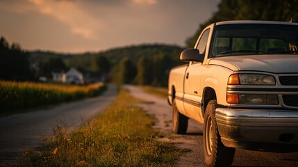 White pickup truck on a quiet rural road at dusk, bathed in golden light, evoking a serene countryside moment.