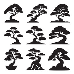 Nine Black Silhouette Bonsai Trees on White Background
