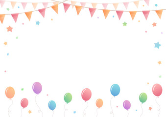 Colorful balloons, and festive bunting decoration with stars. Horizontal frame with space for text. Created in a soft, modern style. Perfect for party invitations, banners, and greeting cards.