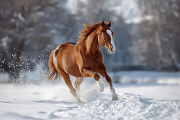 chestnut horse mid-gallop, pristine snowy background, crisp winter air, clear blue sky, light snow is falling.
