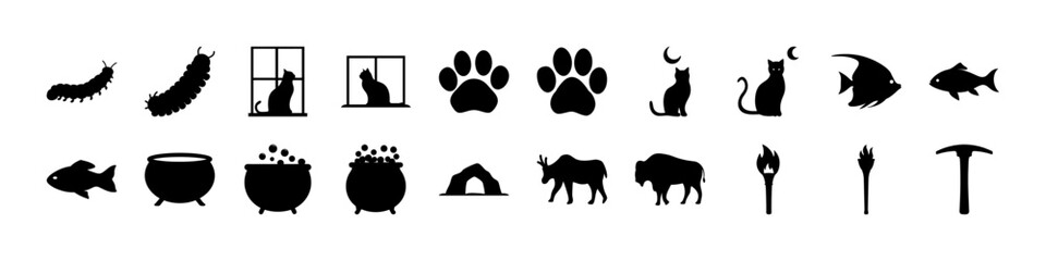 Black Silhouette Icon Set – Cats, Creatures, Paw Prints, and Magical Elements - A diverse set of black silhouette icons on a clean white background, featuring whimsical and fantasy-themed elements. 