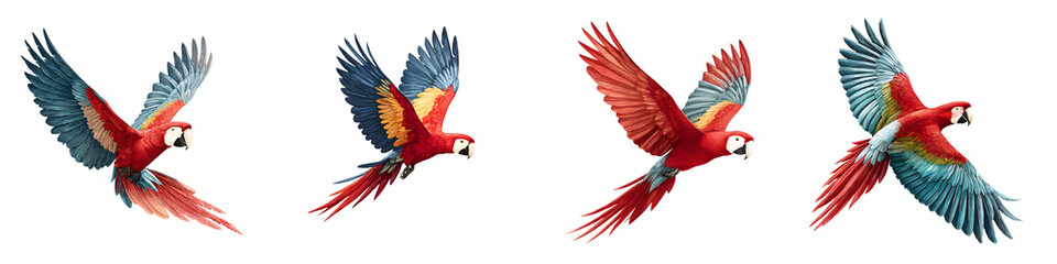 Obraz premium Scarlet Macaw Parrots in Flight on White Background