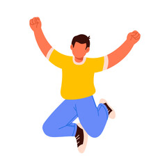 Flat vector illustration of a happy man jumping with raised fists. Wearing a yellow shirt and blue pants, he expresses joy and victory. Ideal for success, celebration, and motivation concepts.