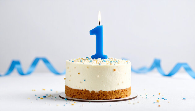 Birthday cake with burning candle, number one. 1 year old. First anniversary. Tasty festive dessert.