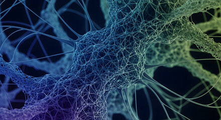 Detailed close up of a complex neural network with interconnected nodes and branching filaments on dark