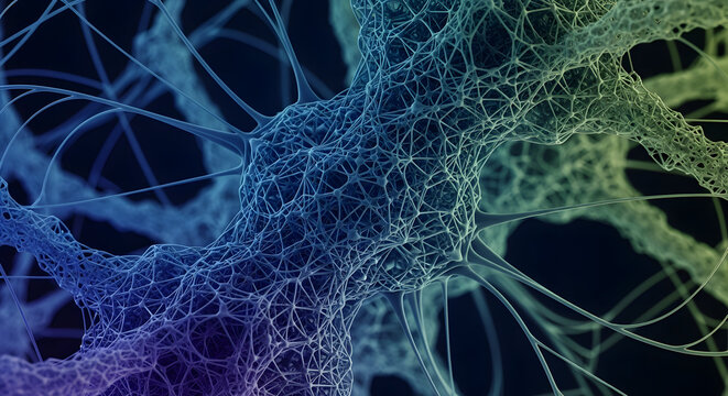 Detailed close up of a complex neural network with interconnected nodes and branching filaments on dark