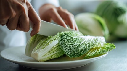 Culinary Precision: A chef's hands expertly slicing fresh cabbage on a pristine plate, showcasing culinary expertise and the art of preparing wholesome, healthy cuisine.